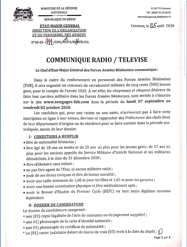 Bénin : l’armée recrute 500 jeunes ; les conditions à remplir