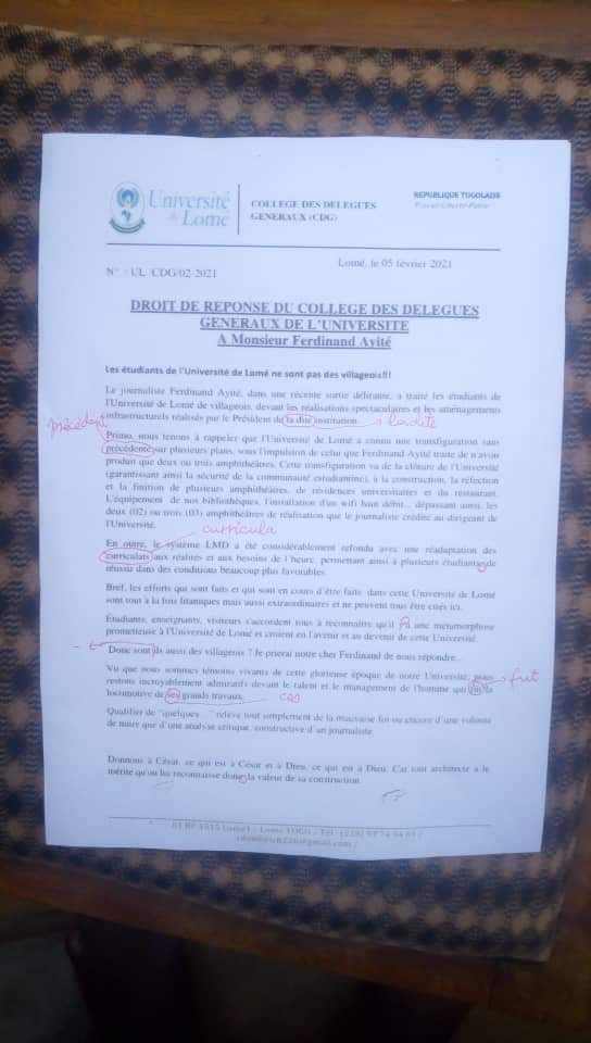 Togo / Affaire de ‘villageois’ à l’UL : Ferdinand Ayité prend plaisir à corriger les fautes dans le ‘droit de réponse’ (Photo)