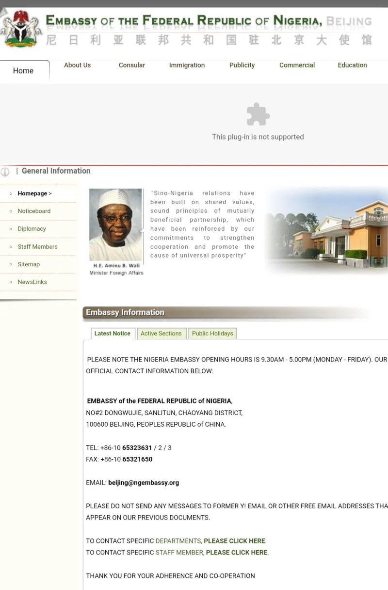 5 ans après la prise des fonctions du  président Buhari, l’ambassade  du Nigeria en Chine a toujours gardé Jonathan Goodluck comme président sur son site web (photos)