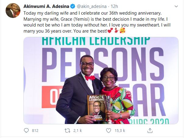 Akinwumi Adesina (BAD) : son tendre message à sa femme le jour d’anniversaire de leur mariage