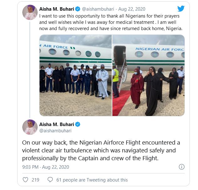 Nigeria : de retour de Dubaï, Aisha, la femme du président Buhari, échappe à un accident d’avion