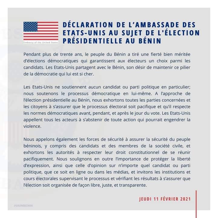 Bénin / Présidentielle : les Etats-Unis envoient un message