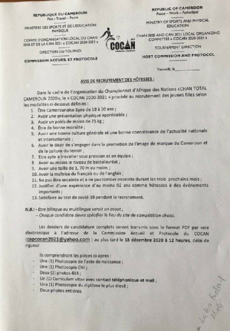 CHAN 2021 : Le comité d’organisation recrute des hôtesses