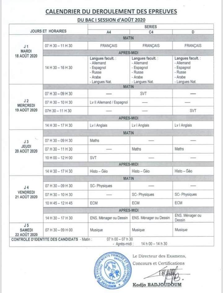 Togo : Le calendrier du Bac 1 session 2020 dévoilé