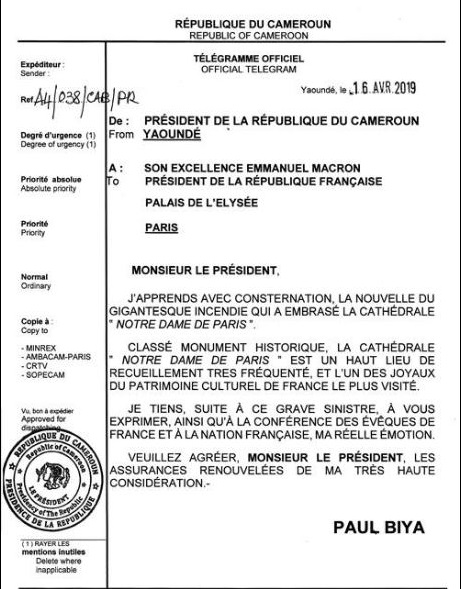 Cameroun : le message de Paul Biya à Emmanuel Macron après l’incendie de la cathédrale Notre Dame de Paris