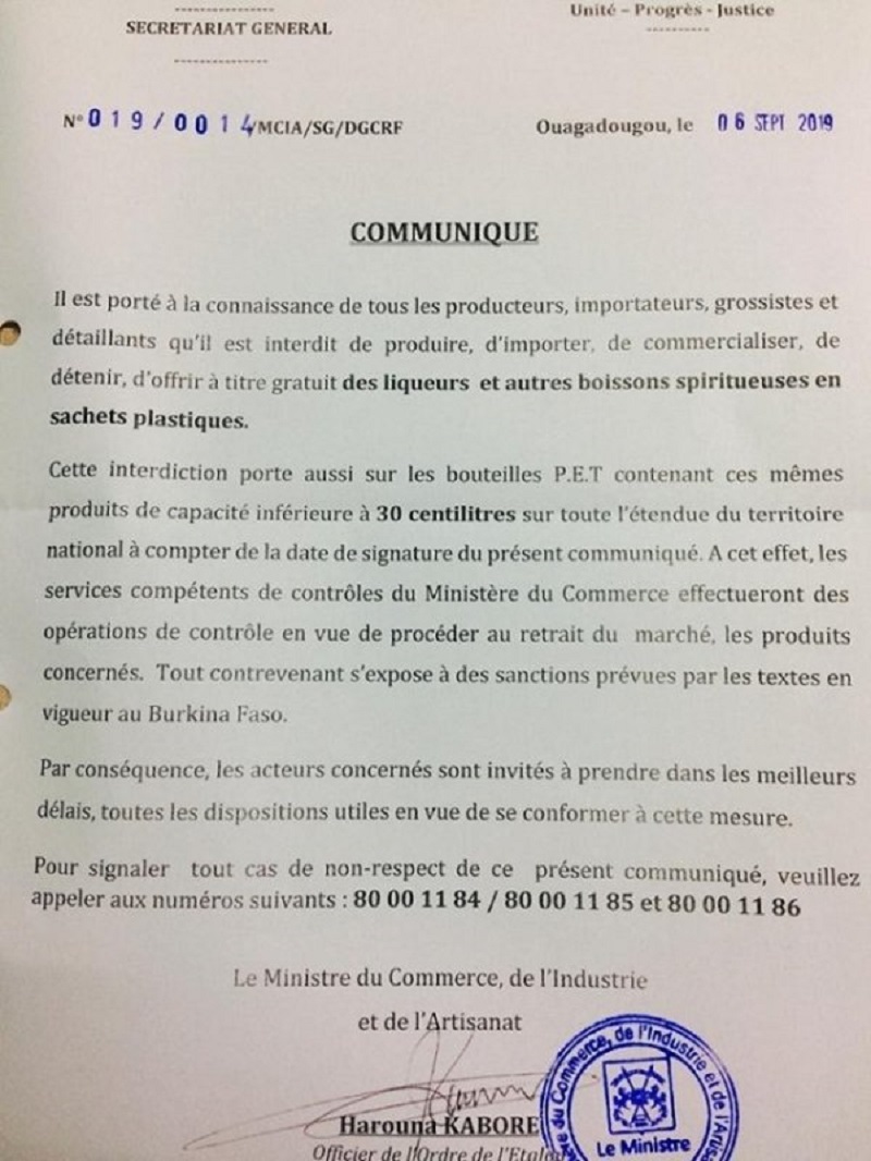 Burkina Faso : la vente d’alcool dans des sachets plastiques est désormais interdite