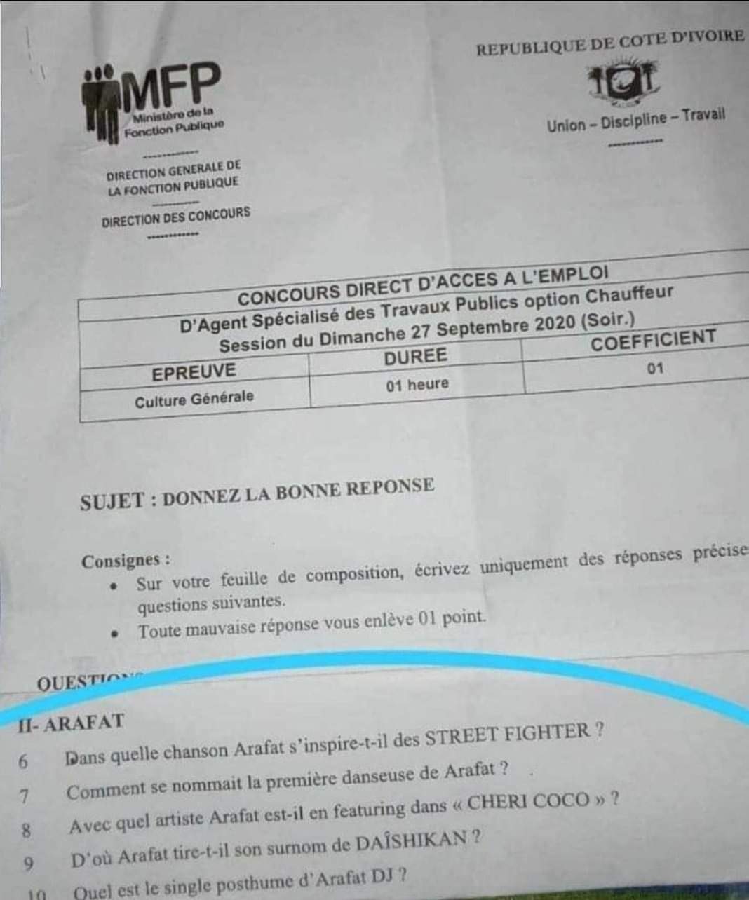 Côte d’Ivoire / Fonction publique : Plusieurs questions sur Dj Arafat au concours de recrutement (Photo)