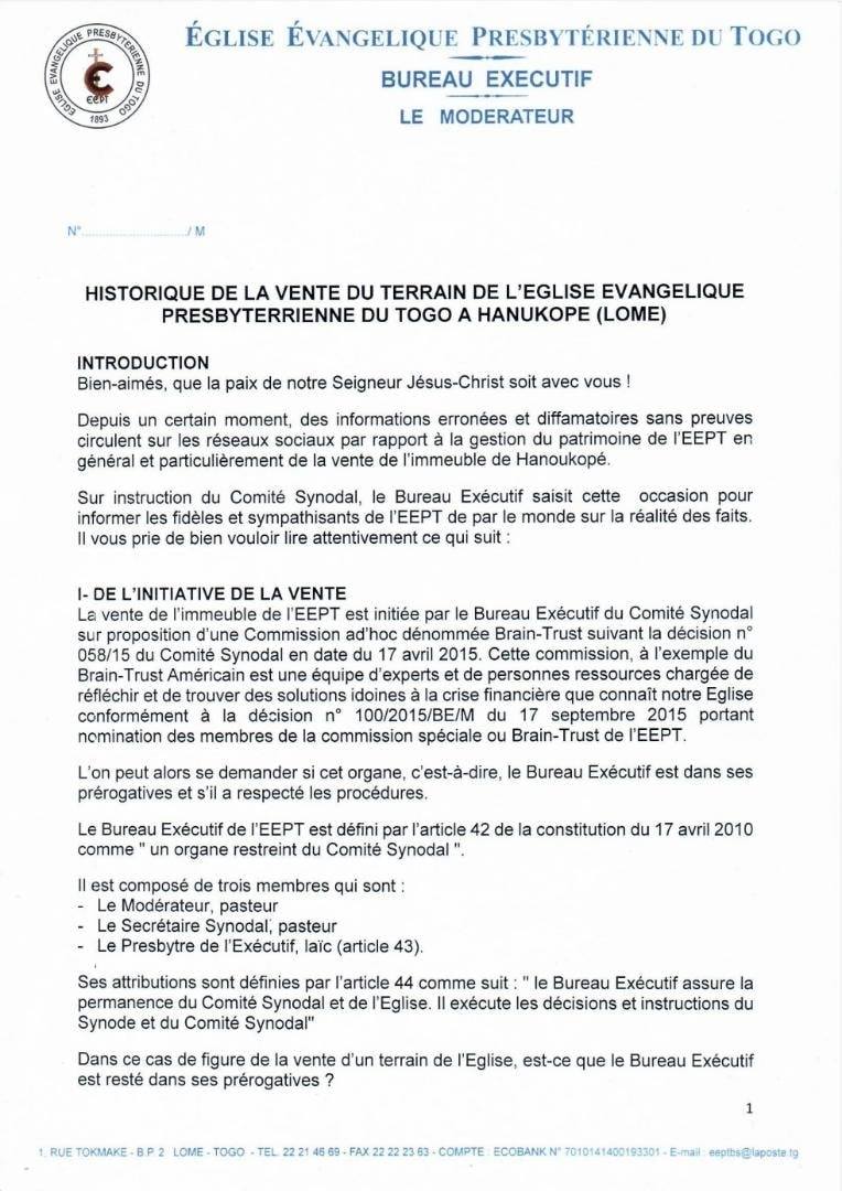 Togo / Affaire de vente de terrain par 3 Pasteurs presbytériens : les précisions de l’Eglise