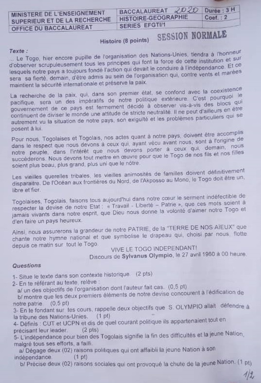 Togo : le président Sylvanus Olympio invité au Baccalauréat 2020