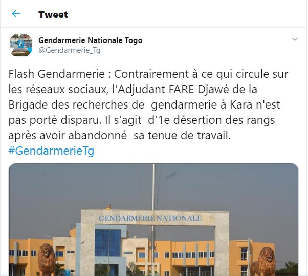 Togo / Affaire de gendarme disparu : la gendarmerie met les choses au clair