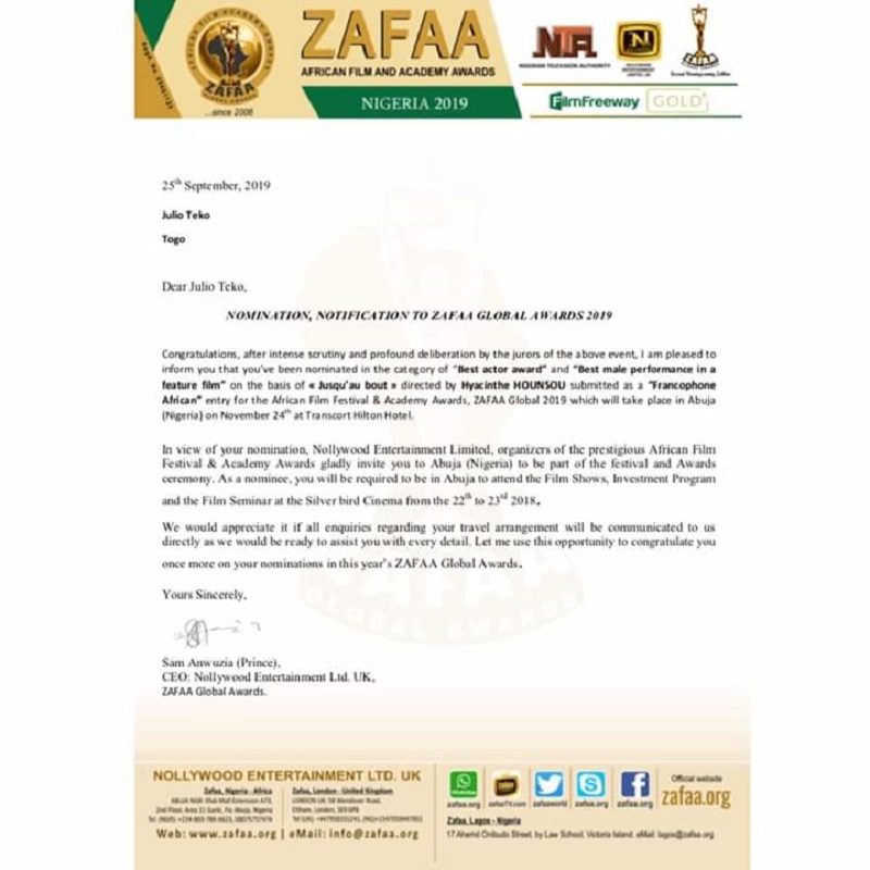 Le Togolais Julio Teko nominé au Zafaa Global Awards