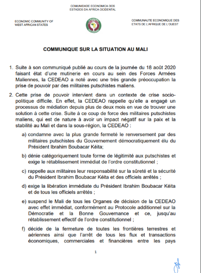 Coup d’Etat au Mali : la CEDEAO ferme ses frontières avec le pays