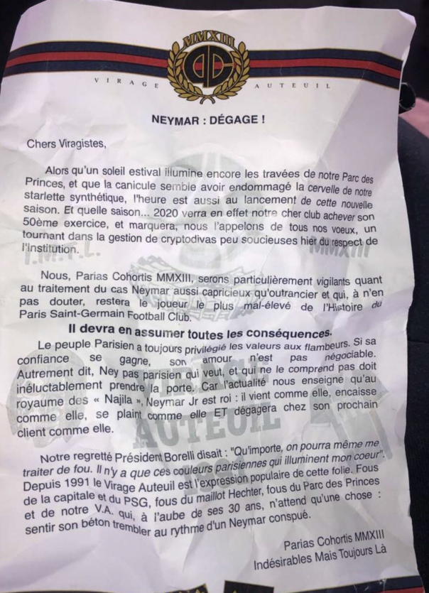 Le communiqué des supporters du PSG contre Neymar