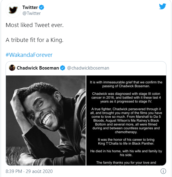 Twitter / Black Panther : le tweet de Chadwick Boseman, le plus liké de tous les temps !