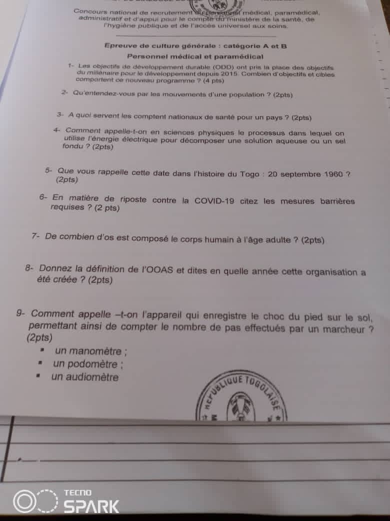 Togo : une erreur sur l’épreuve du concours du personnel médical choque le web