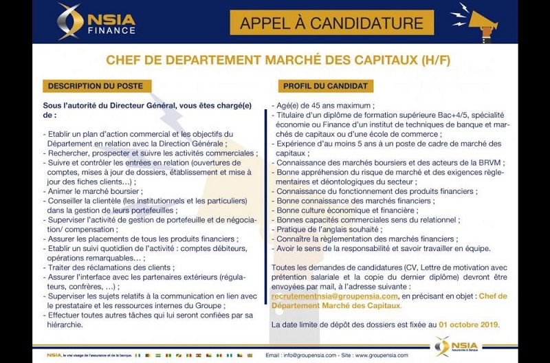 Togo : le groupe NSIA recrute (28 septembre 2019 )
