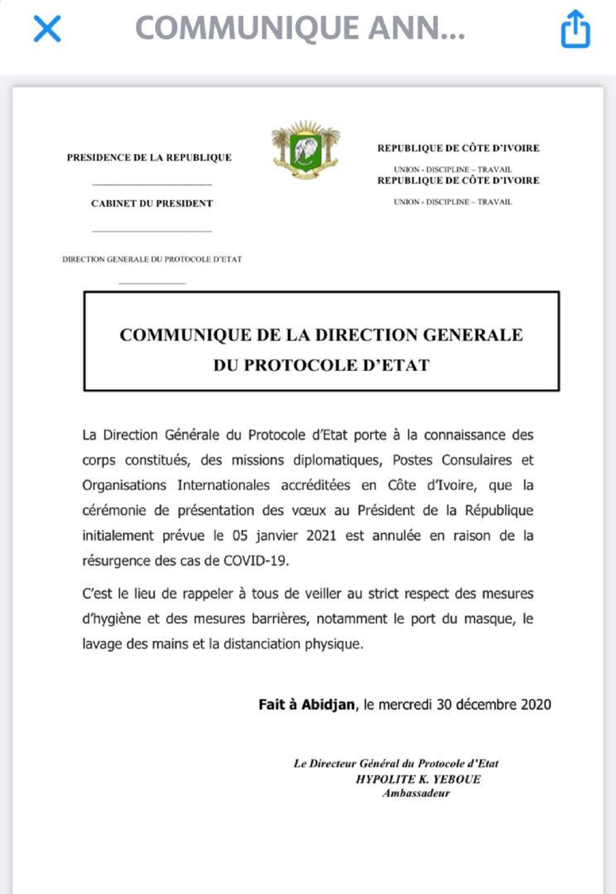 Côte d’Ivoire : la cérémonie de présentation de vœux à Alassane Ouattara annulée