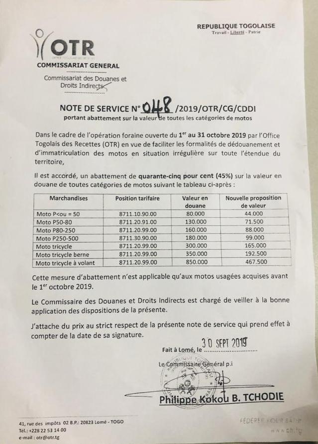 Togo : l’OTR lance une opération foraine d’immatriculation des motos sans plaque