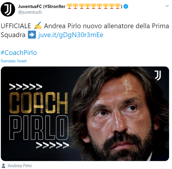 Officiel : Andrea Pirlo nommé nouvel entraîneur de la Juventus