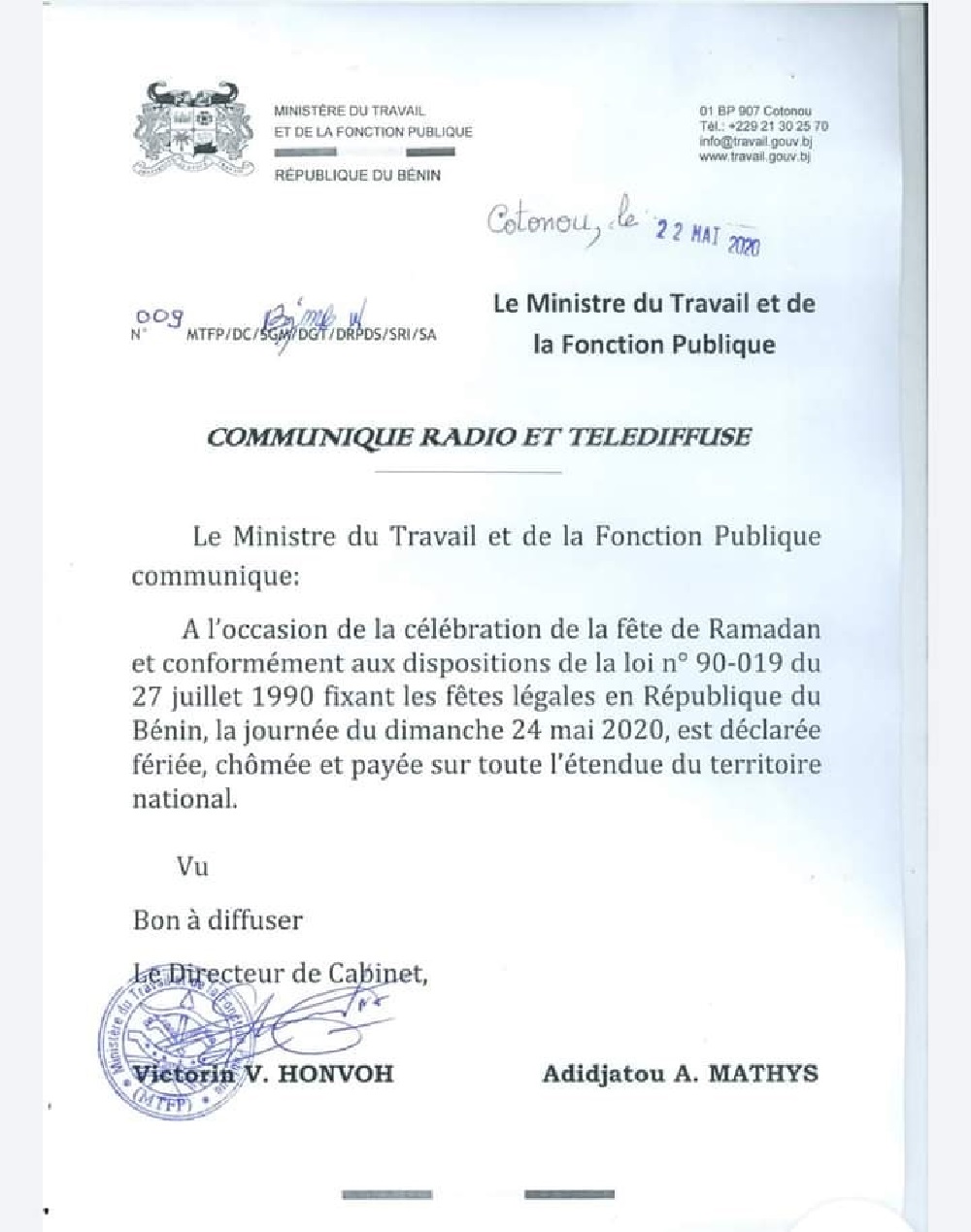 Bénin / Ramadan : la journée  du dimanche 24 mai 2020 fériée, chômée  et payée