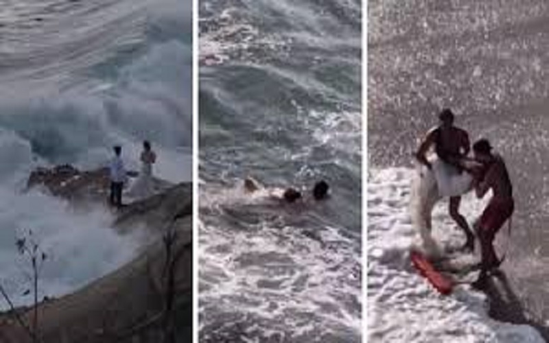 Un couple de jeunes mariés emporté par les eaux en pleine séance photo (Vidéo)
