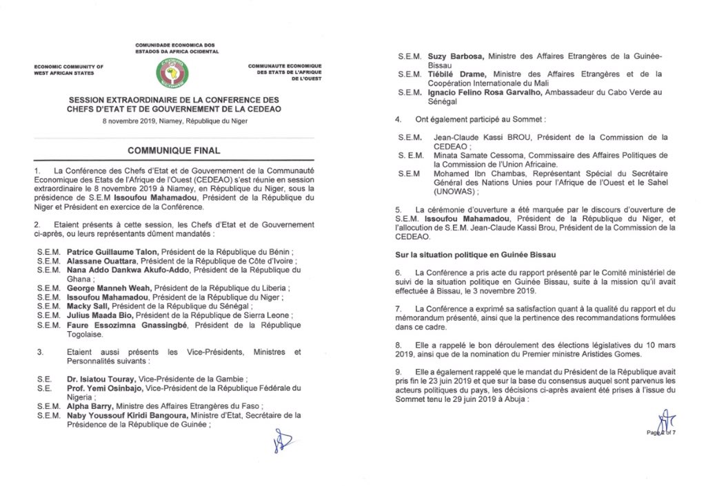 Voici les grandes décisions prises lors du sommet de la CEDEAO pour une sortie de crise en Guinée-Bissau