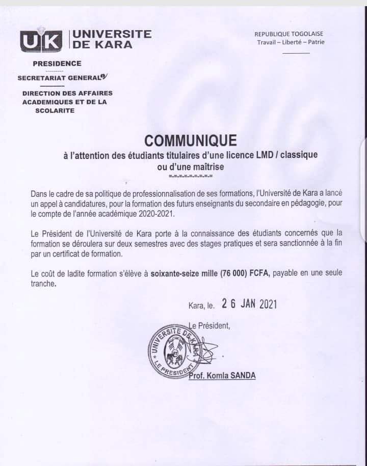 Togo / Université de Kara : appel à candidatures pour la formation d’enseignants du secondaire