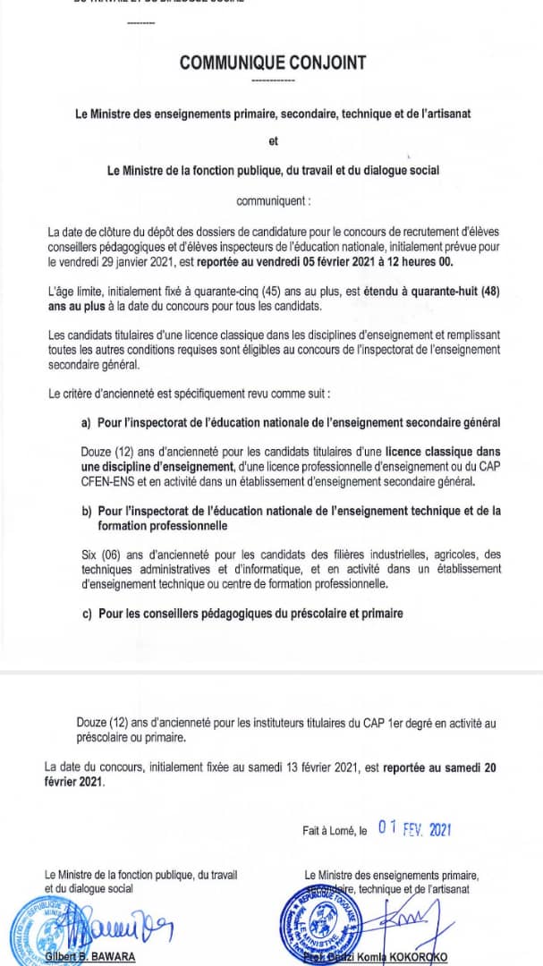 Togo / Concours de recrutement d’élèves professeurs : la date de clôture des dossiers reportée