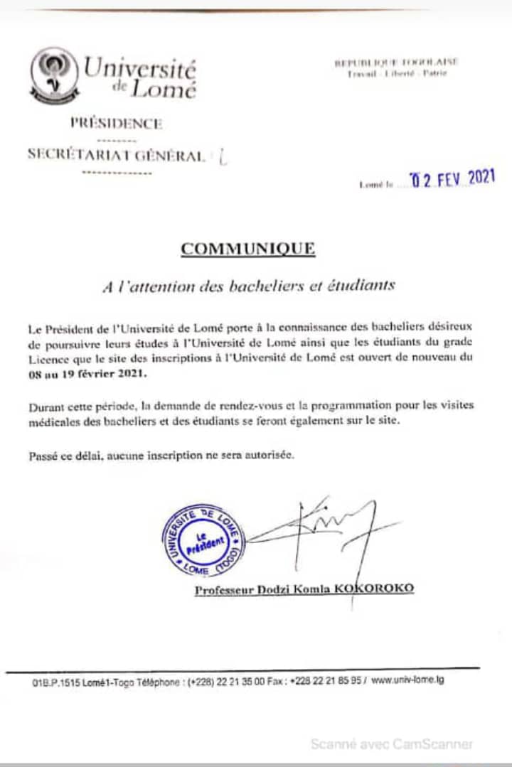 Togo / UL : le site des inscriptions sera rouvert