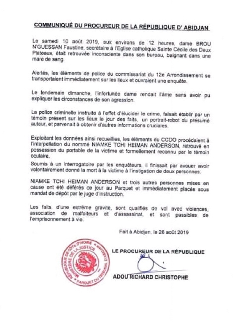 Côte d’Ivoire : assassinat de la secrétaire de la paroisse Sainte-Cécile, 4 individus entre les mains de la police