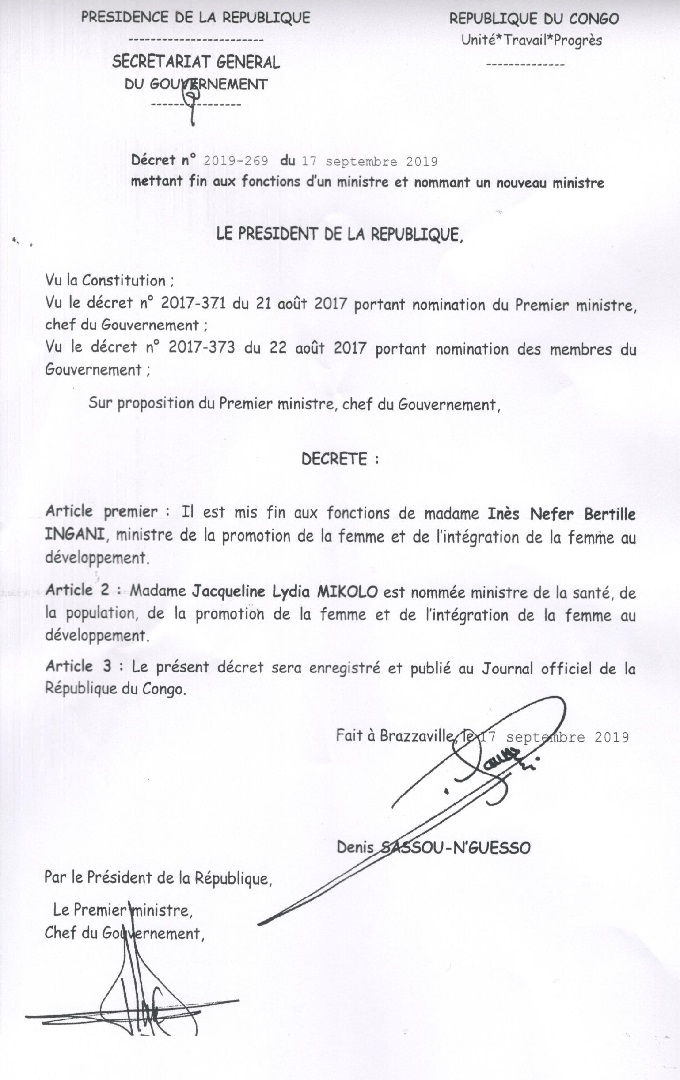 Congo : la ministre Inès Ingani virée du Gouvernement par Dénis Sassou-N’guesso