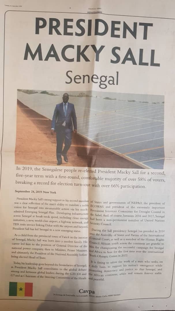Sénégal : Macky Sall a-t-il payé 100 millions FCFA au Financial Times pour une publicité ? (photo)