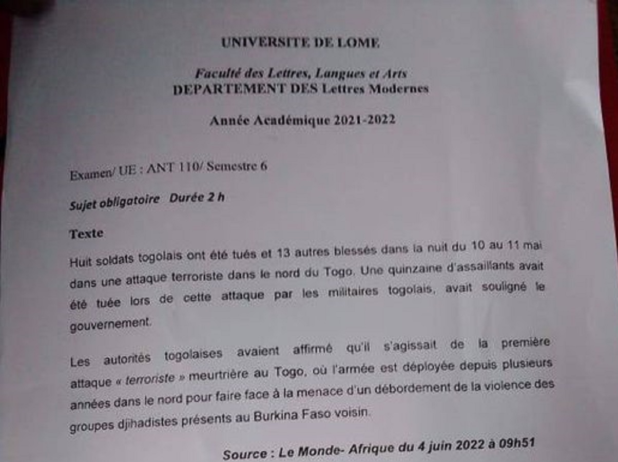 Togo / Université de Lomé : Un sujet d’examen portant sur l’une des attaques terroristes au Nord fait jaser (photo)