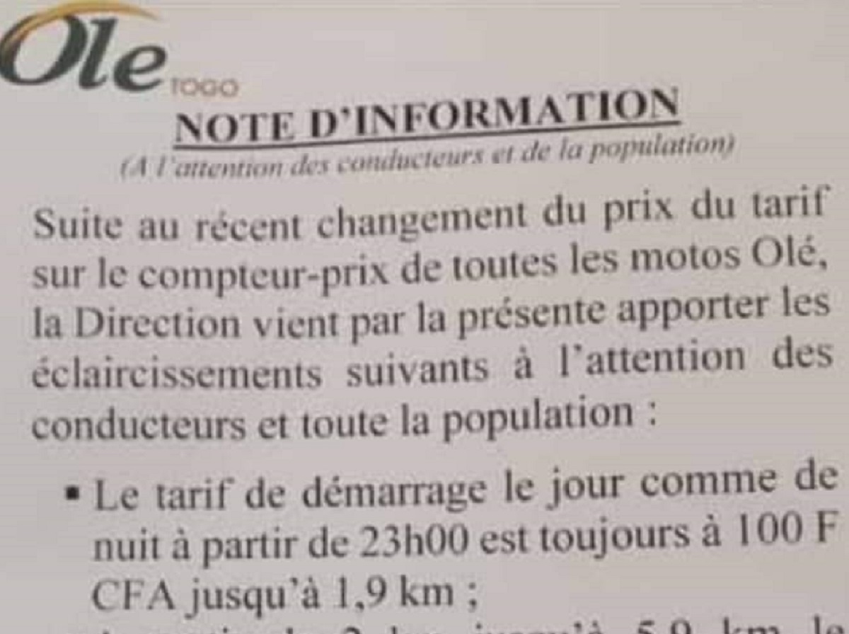 Togo : La société de transport Olé vient encore de changer ses tarifs (photo)