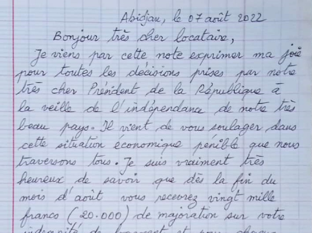 Côte d’Ivoire : Il informe son locataire qu’en raison de l’augmentation de salaire, le loyer va changer (photo)